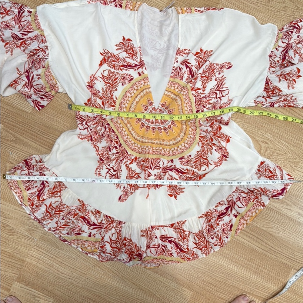 Free People S Cream Orange Boho Bell Sleeve Tunic Top Festival Rayon - Picture 7 of 8